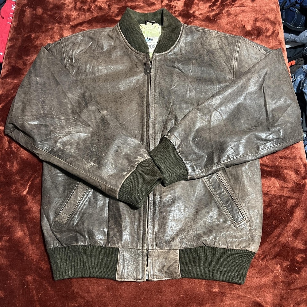Vintage Aeropostale Jacket Mens XS Brown Leather Bomber Map Lining 80s